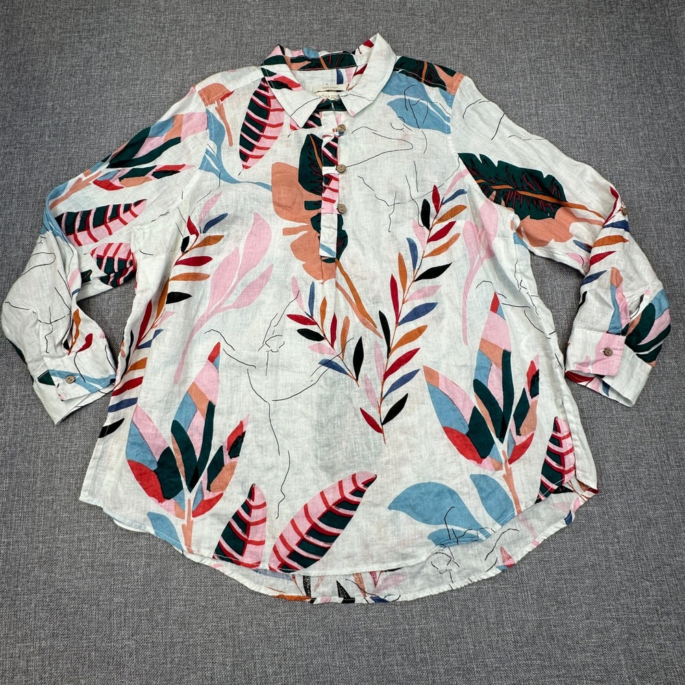 Cynthia Rowley‎ Blouse Women 1X Tropical Floral 100% Linen Ballet Dancer Popover